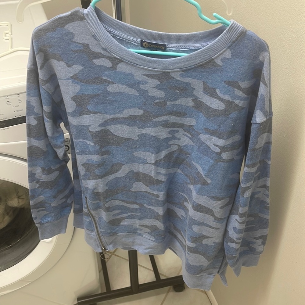 Democracy blue camo shirt with zipper detail at the bottom front